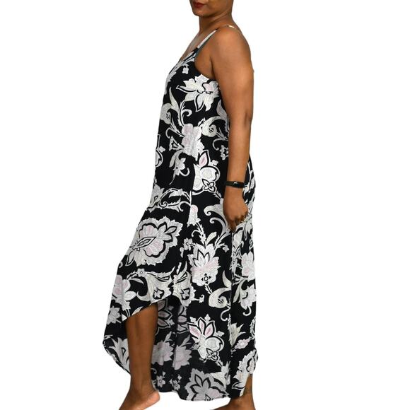 Wide Leg Jumpsuit Black Printed Draped Pink Straps Capri Loose Sack Size Medium - Picture 8 of 13